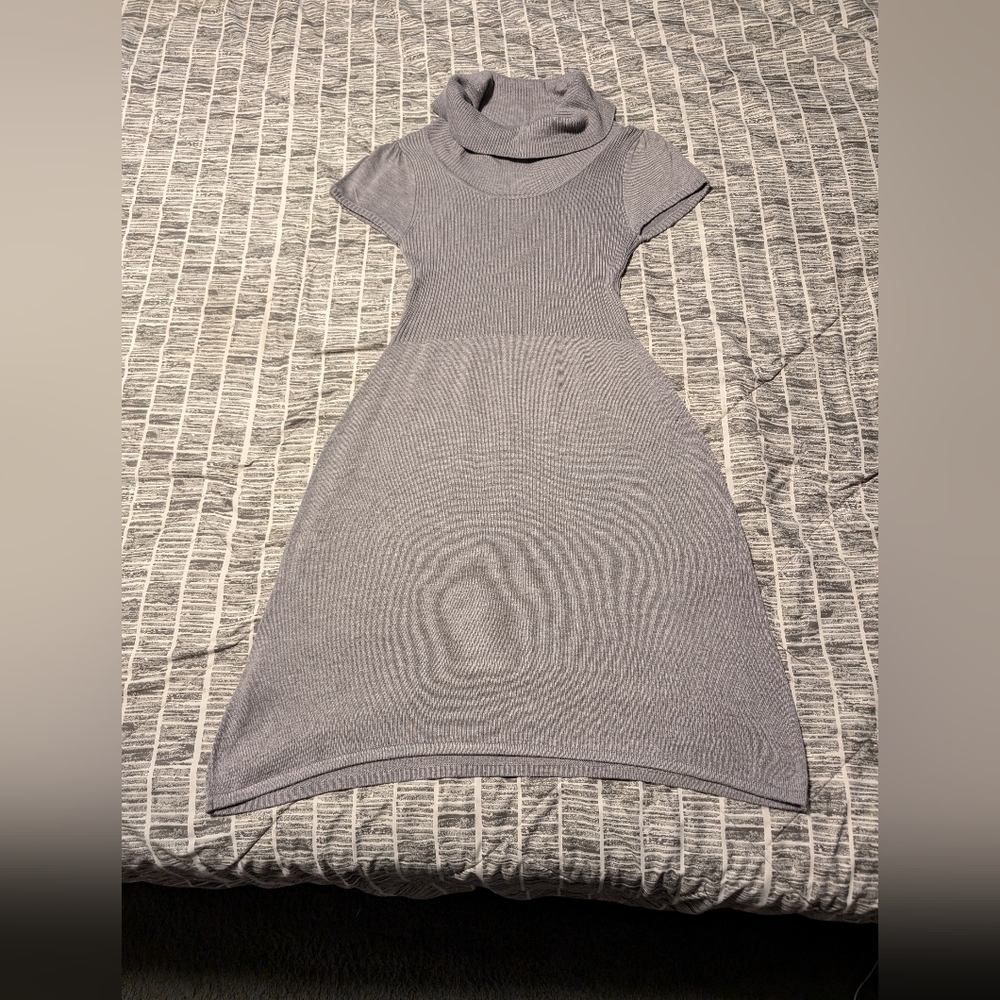 Grey Ribbed Dress with Cowl Neck